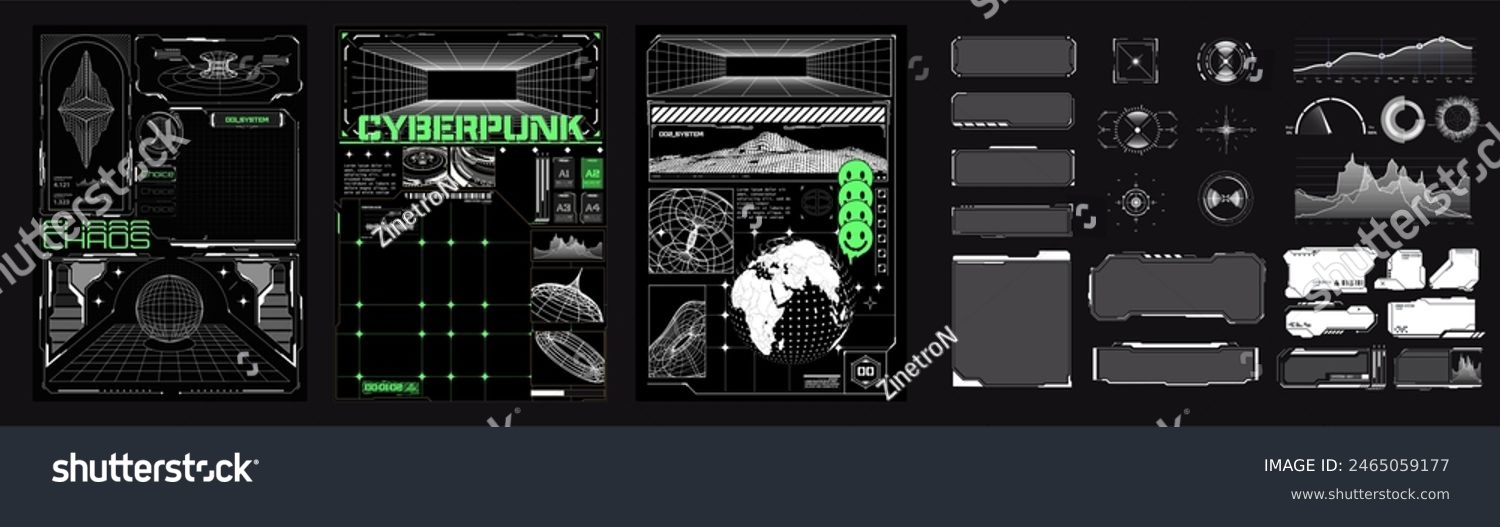 Cyberpunk-themed user interface elements  including holographic displays  grids  graphs  and futuristic design components. Ideal for sci-fi and technology projects. Collection of futuristic posters.