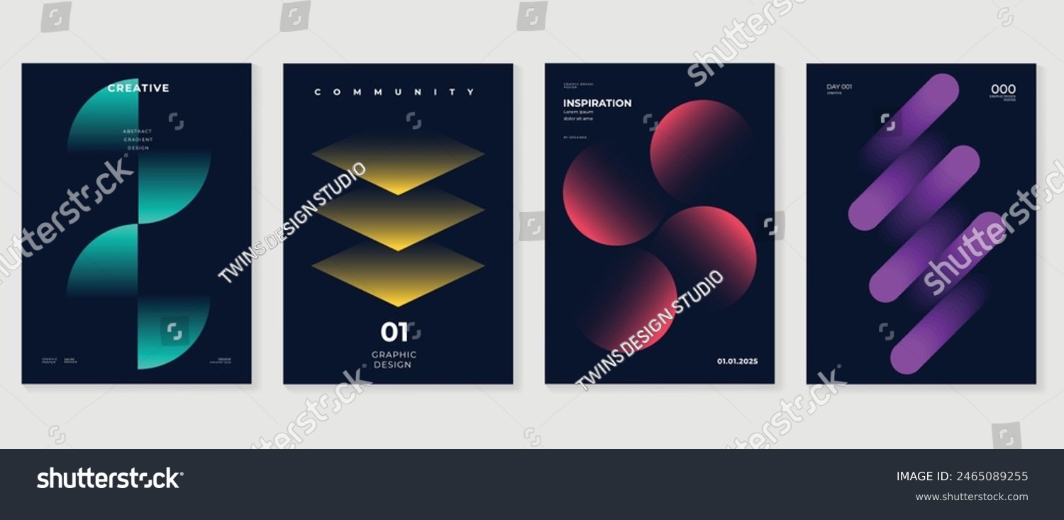 Abstract gradient poster background vector set. Minimalist style cover template with vibrant perspective 3d geometric prism shapes collection. Ideal design for social media  cover  banner  flyer.