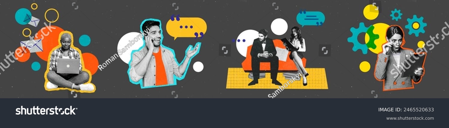 Panoramic creative collage business people workers efficiency set up configure project management corporate colleagues businesswoman man
