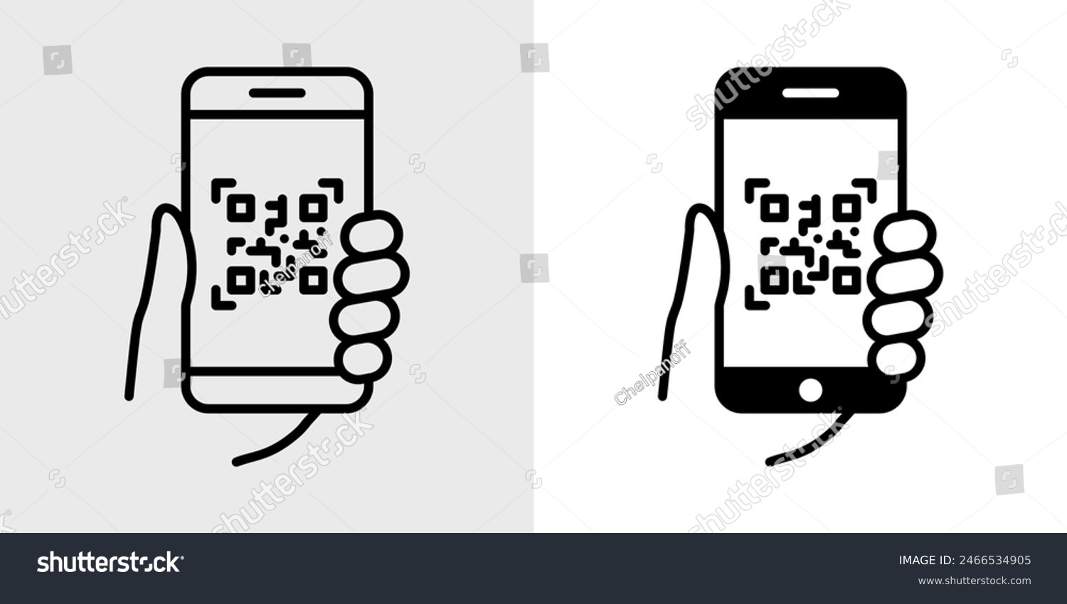 QR code icon. Mobile phone scanning qr-code vector illustration. Hand ...