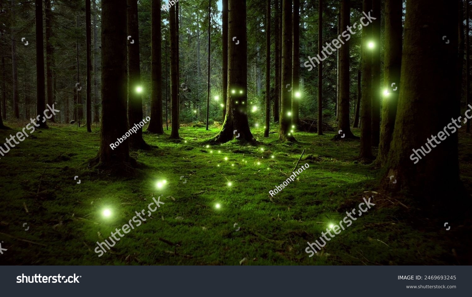 Dreamy green glowing fireflies in fairytale forest.	
