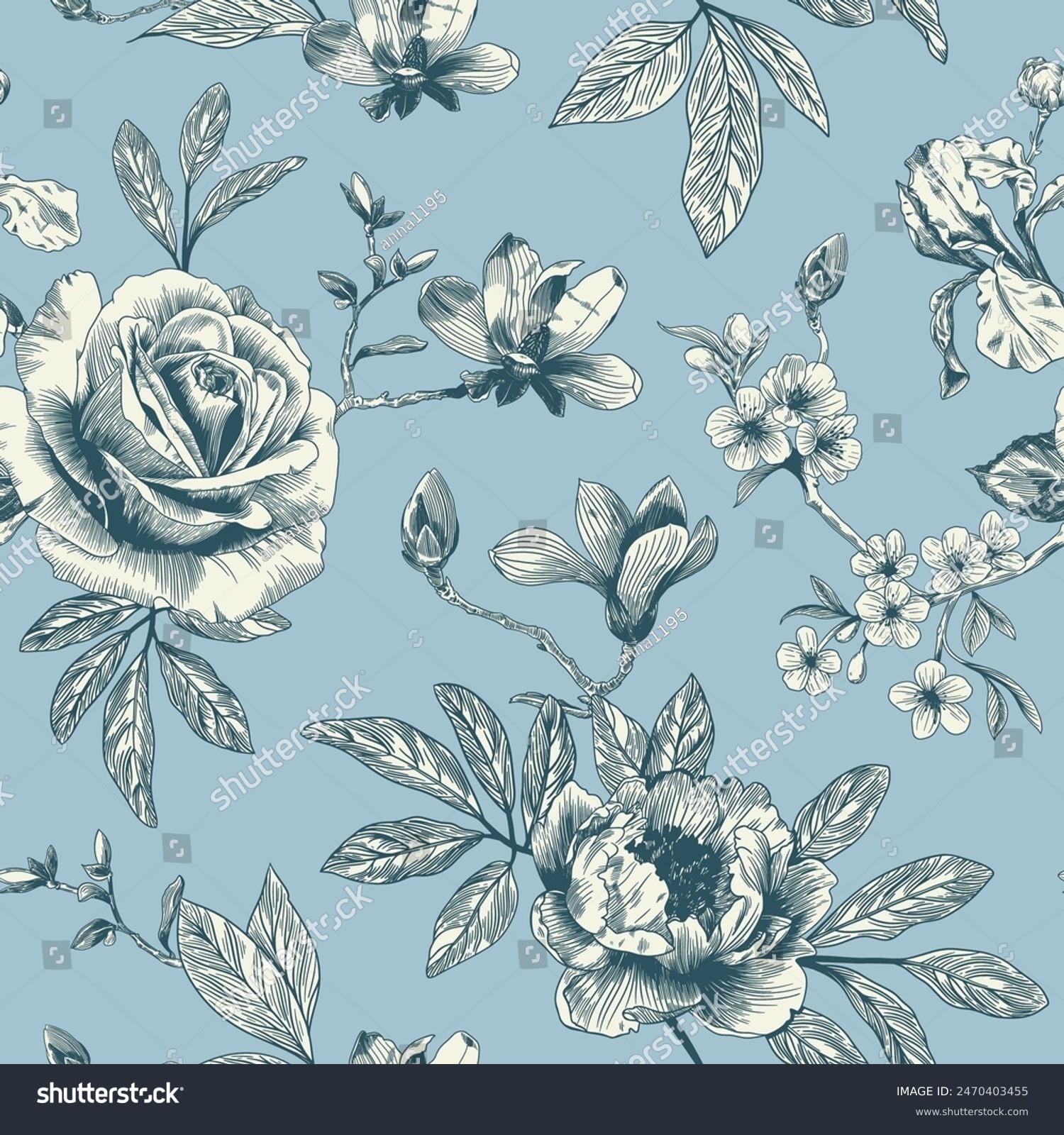 Abstract modern floral seamless pattern with hand drawn flower in Toile ...