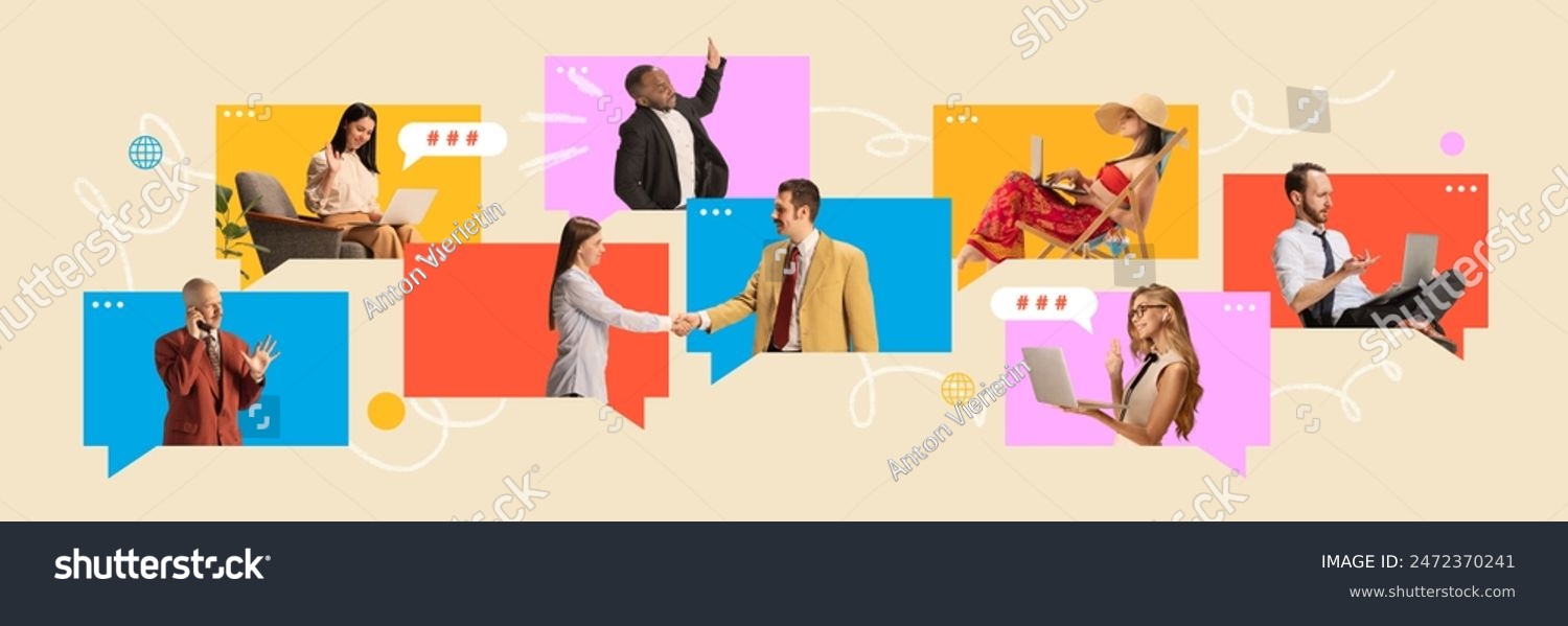 Banner. Contemporary art collage. Workers in various forms of virtual communication including video calls handshakes and phone conversations. Concept of remote working and studying work from home.