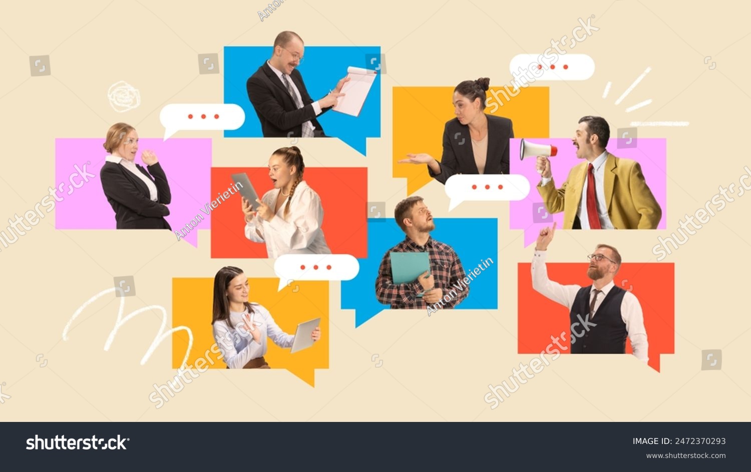 Poster. Contemporary art collage. Workers each using different devices in colorful speech bubbles symbolizing dynamic online meeting. Concept of remote working and studying teamwork online. Ad