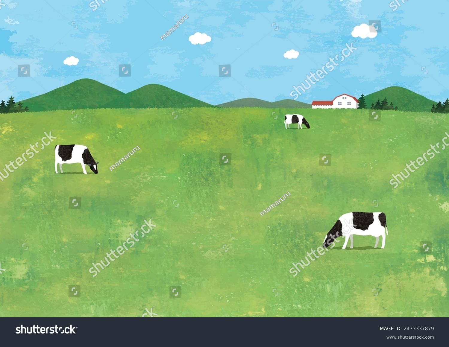 Cows in the grass pasture watercolor
