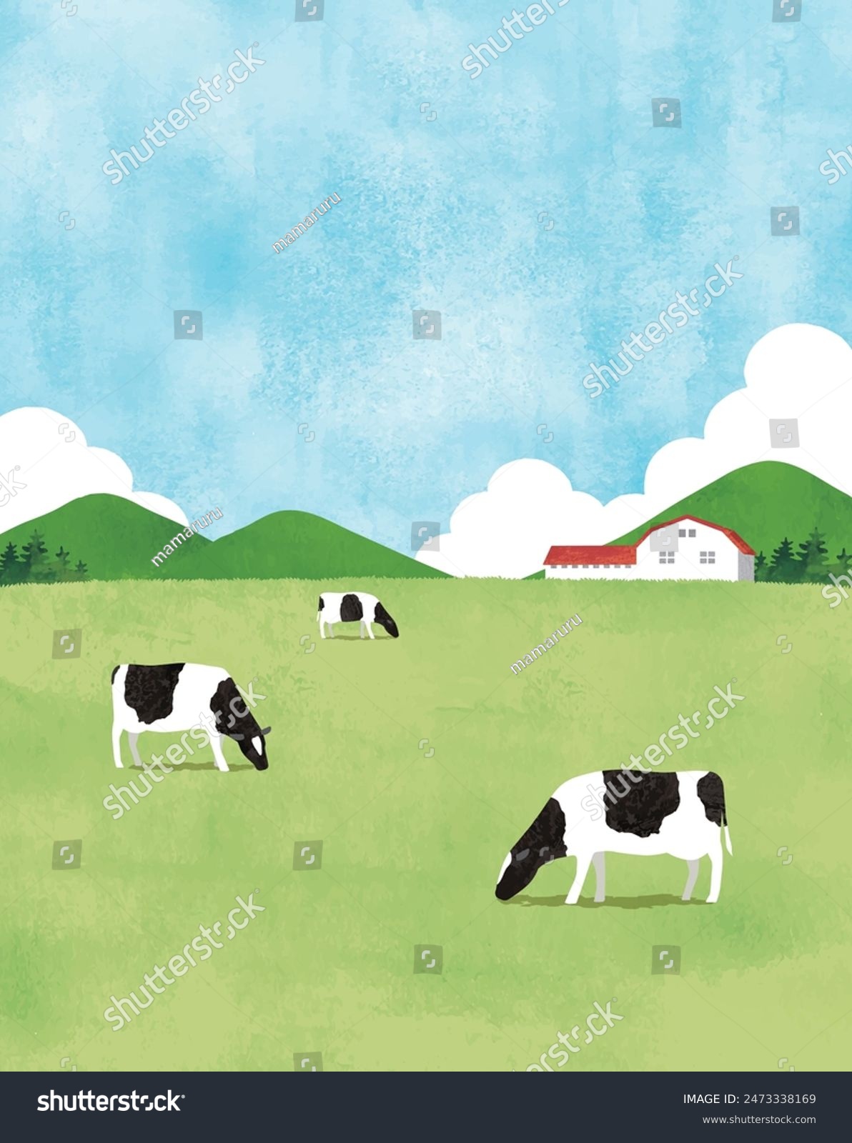 Cows in the grass pasture watercolor 2