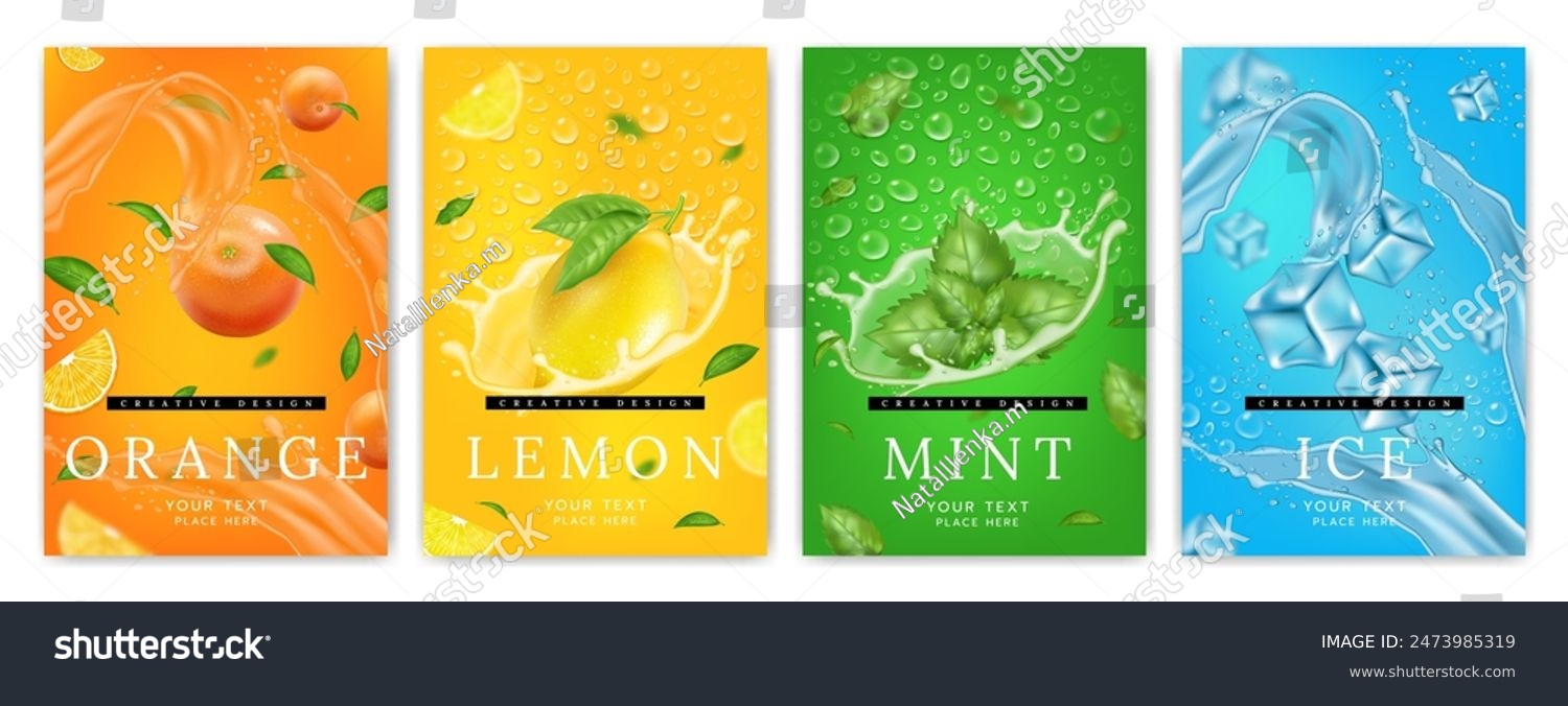 Fruit poster splash water. Lemon orange green mint and ice in liquid in