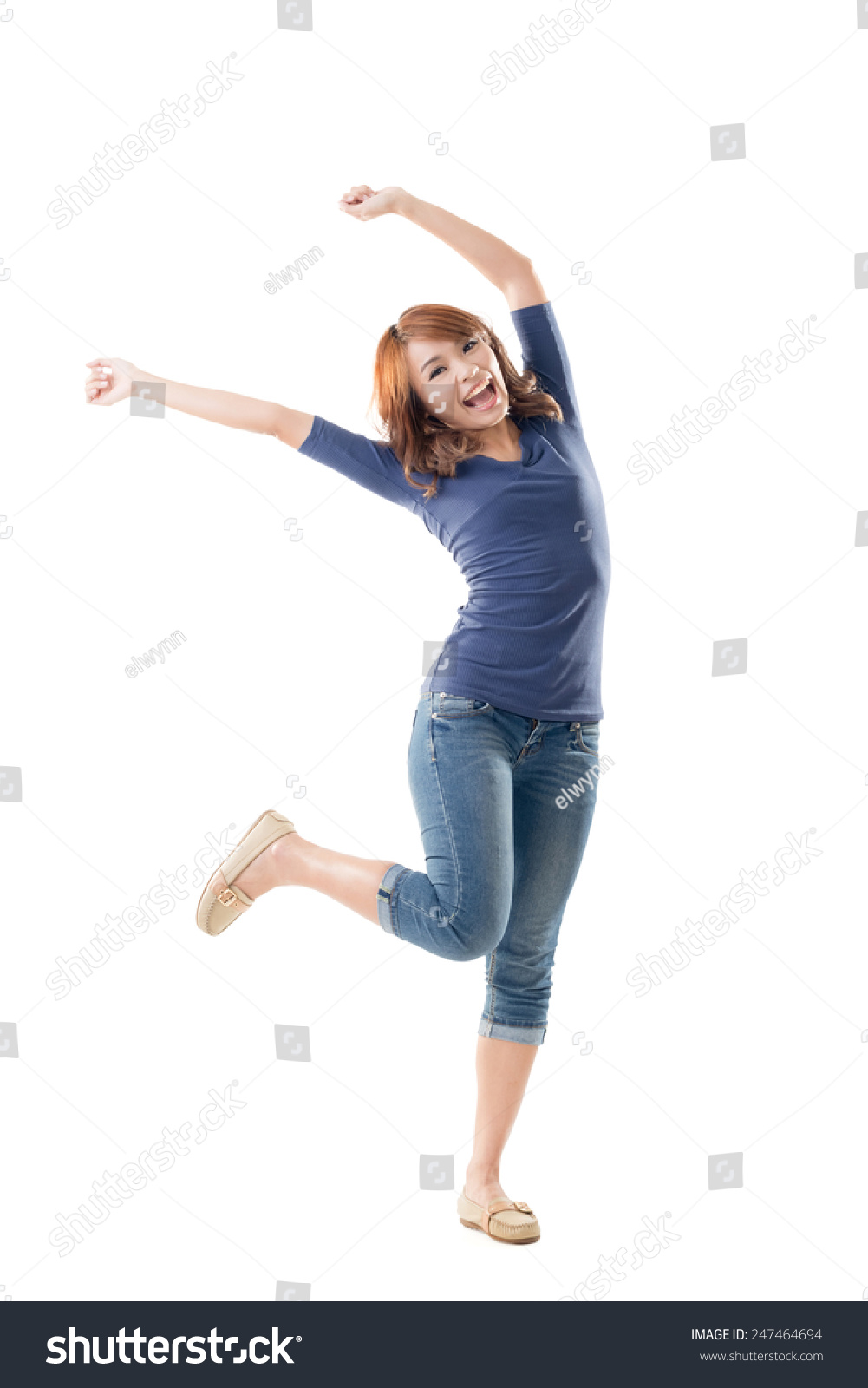 Excited Asian young girl  full length portrait isolated.