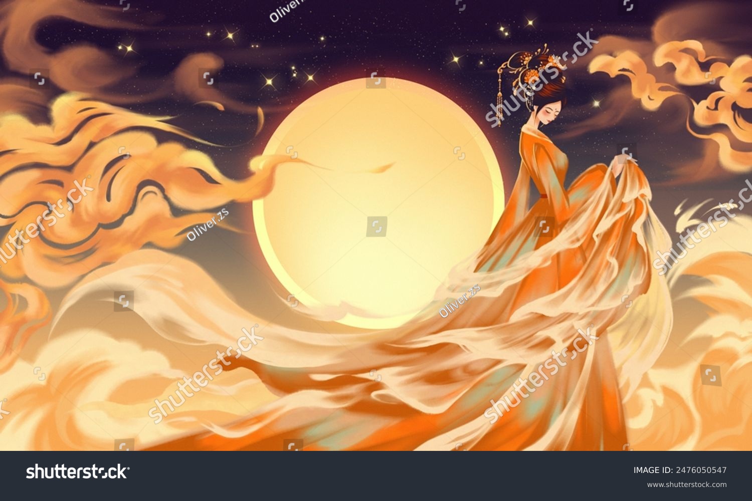 Oriental goddess  Mid-Autumn Festival Chang 'e figure illustration  ancient Oriental costumes