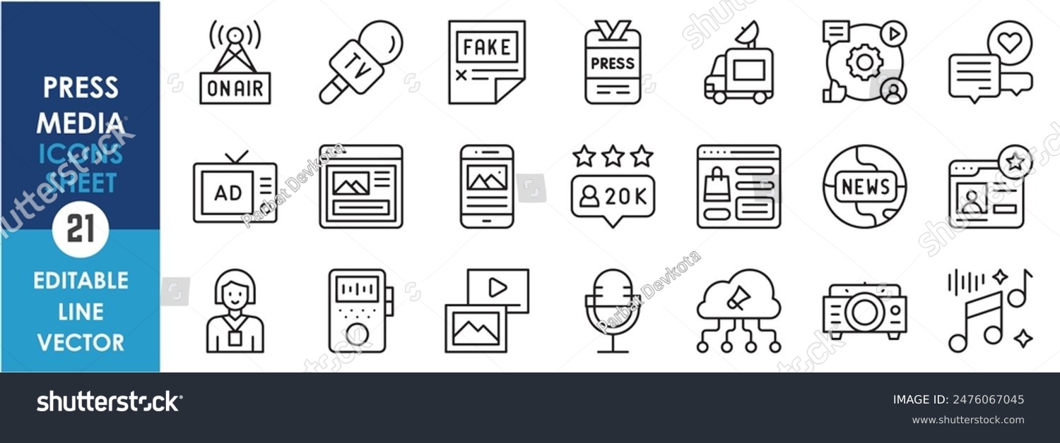 A set of line icons related to press and media. News media press video ...