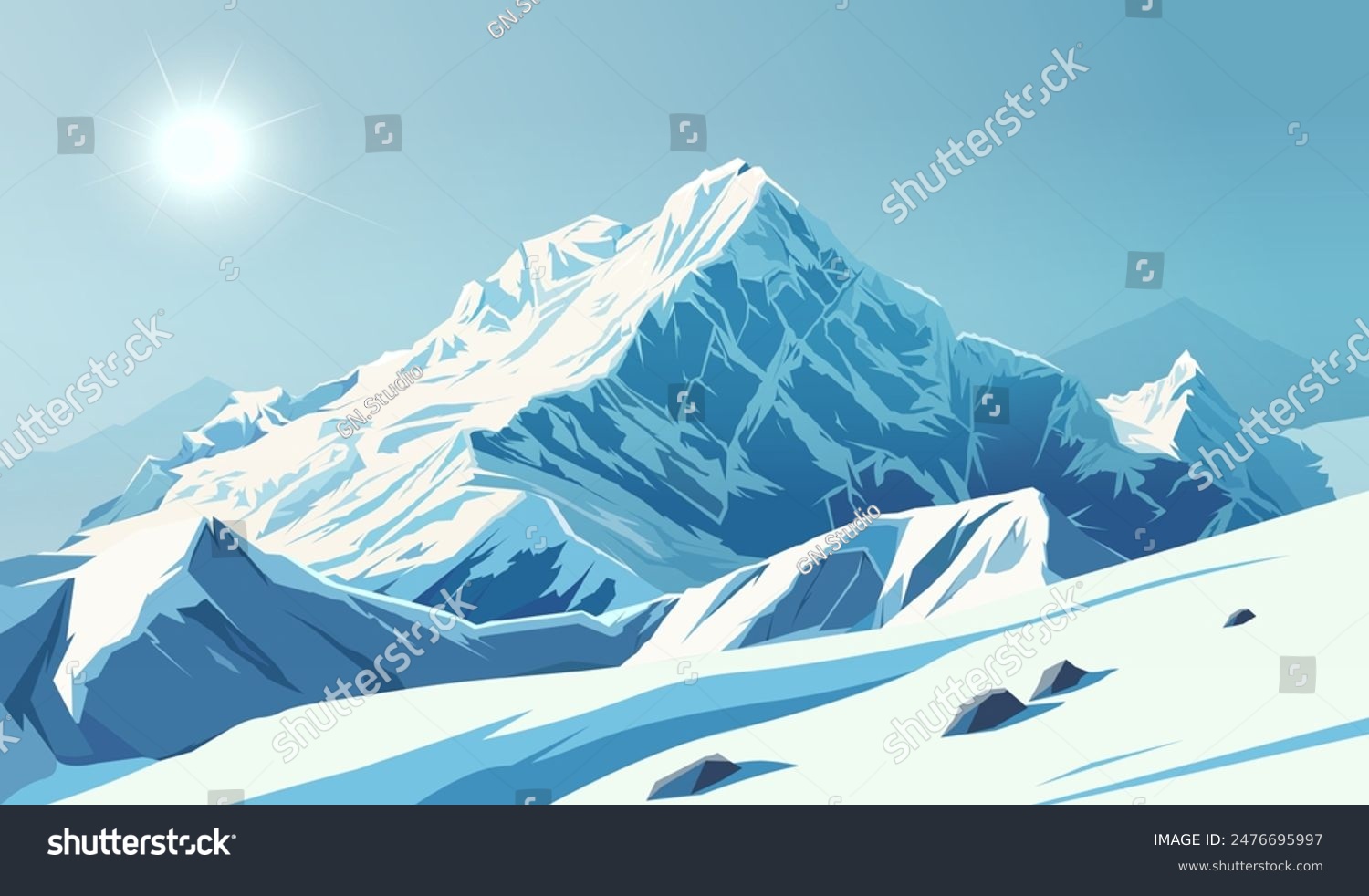 Snow-covered mountains under a bright sun on a clear blue sky background. Concept of winter. Vector illustration