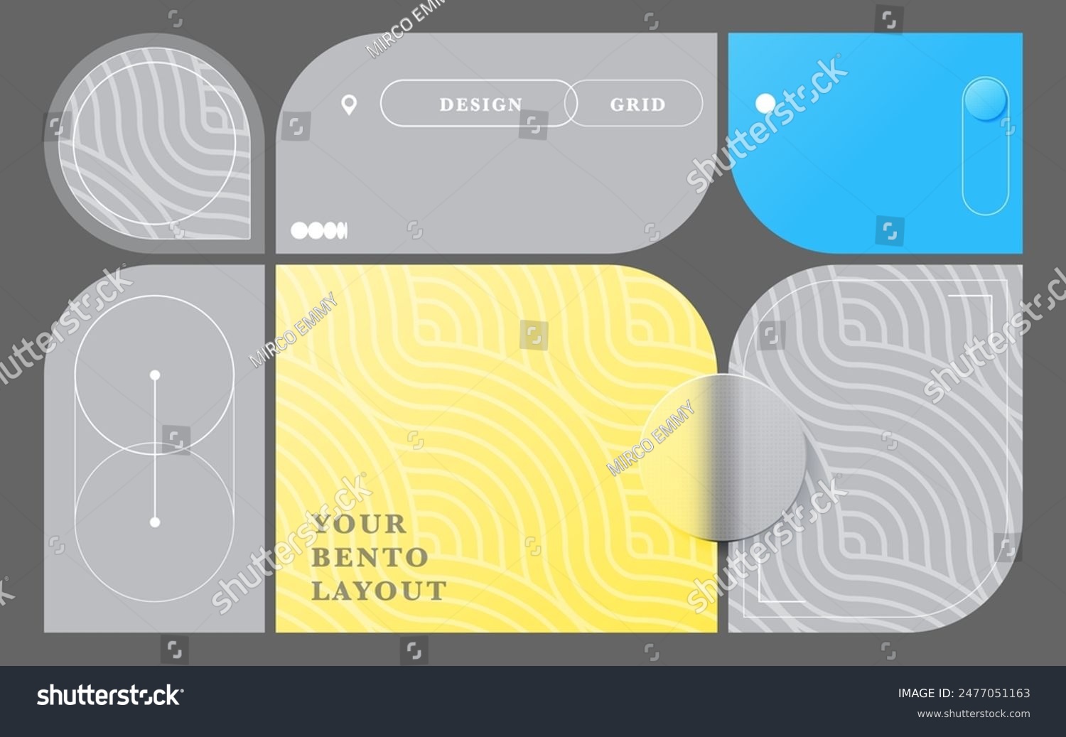 Bento grid layout with modern graphic design elements in gray color on ...