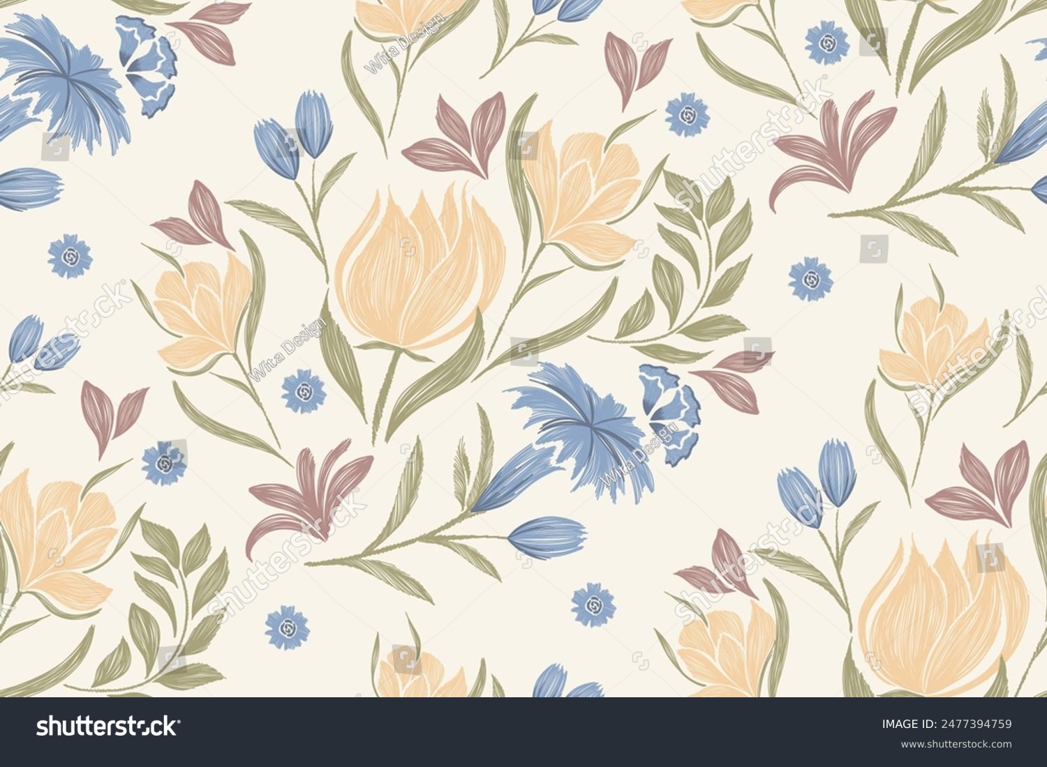 Floral pattern seamless.Pastel blue orange flowers Ikat design paisley ...