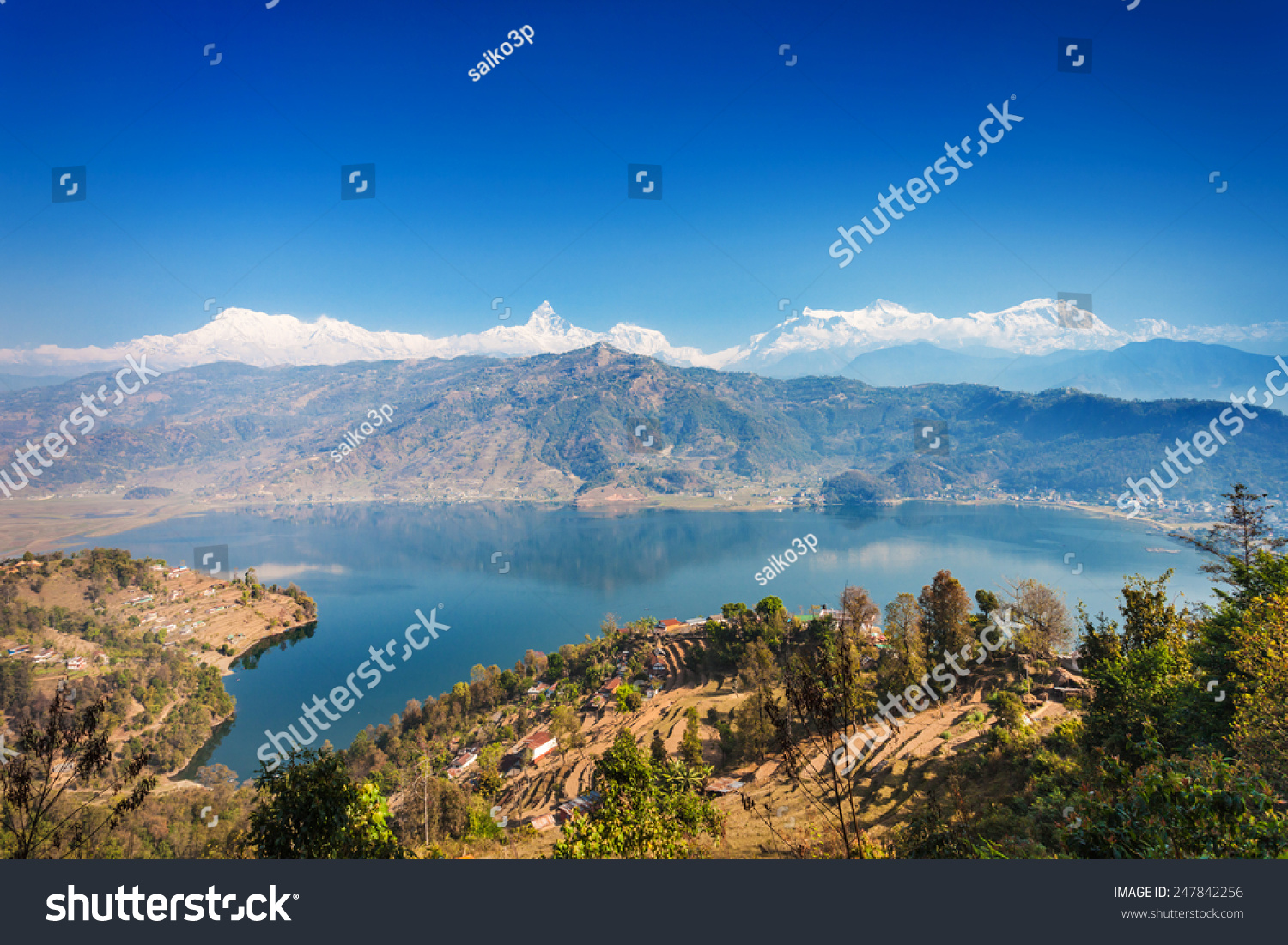 Aerial view to Phewa lake and Annapurna range from World Peace Pagoda in Pokhara  Nepal 