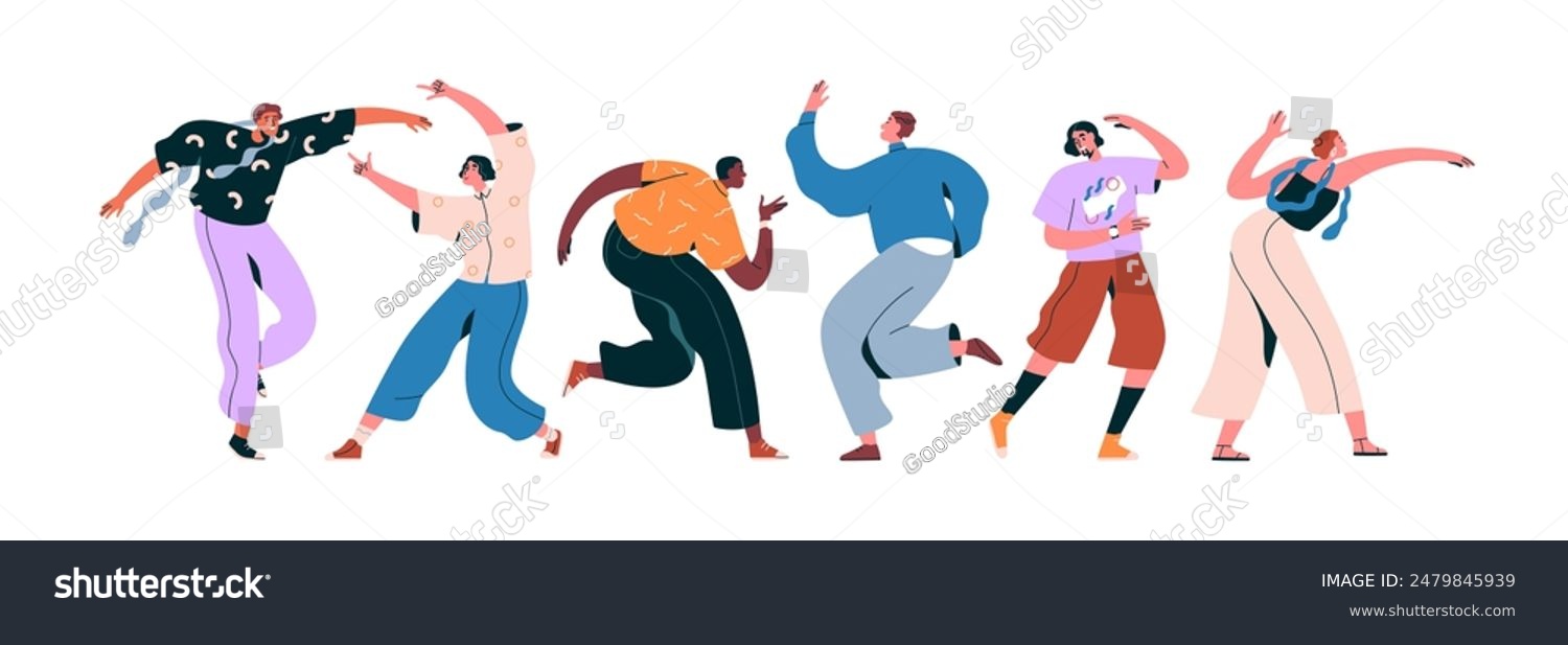 Dancing people at disco party. Happy joyful characters in energetic movements  positions. Cool festive male and female characters celebrating. Flat vector illustration isolated on white background