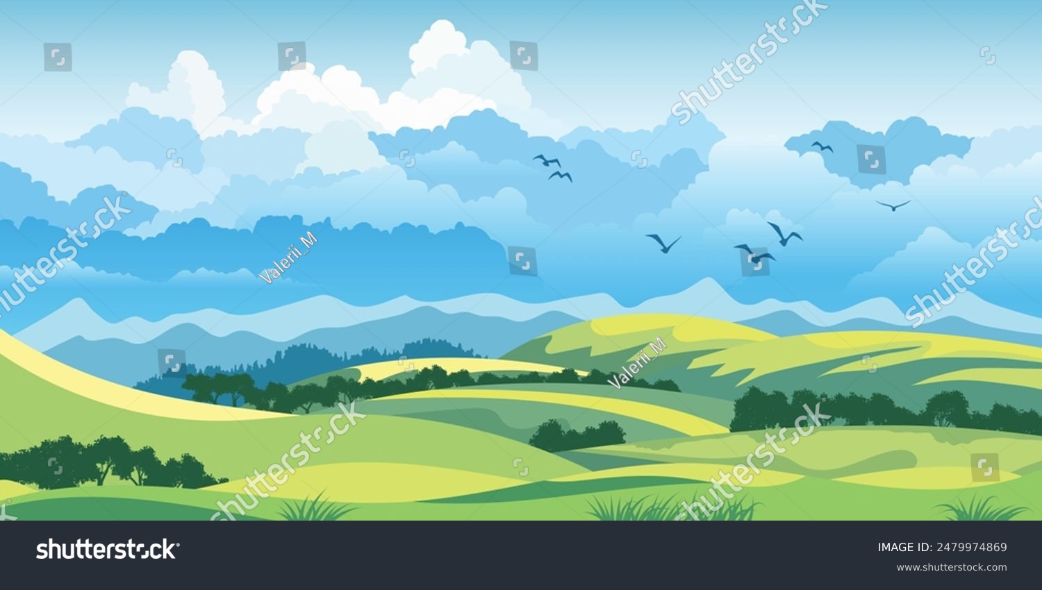 View of summer landscape  green meadows and hills  vector illustration