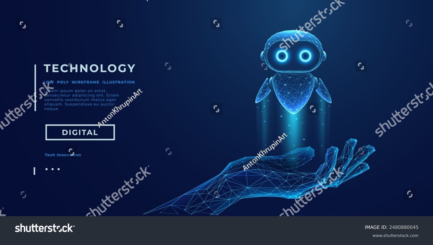 3D abstract digital AI robot floating above a human wireframe hand ...