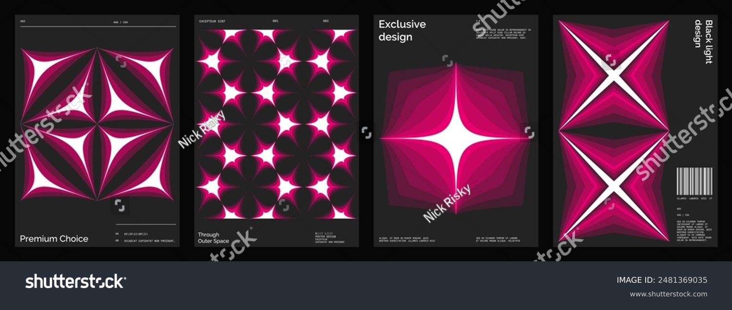 Abstract poster design set. Vertical format wall art  interior mockup. Magenta  white  black composition. Geometric neon illustration with space and y2k style elements.