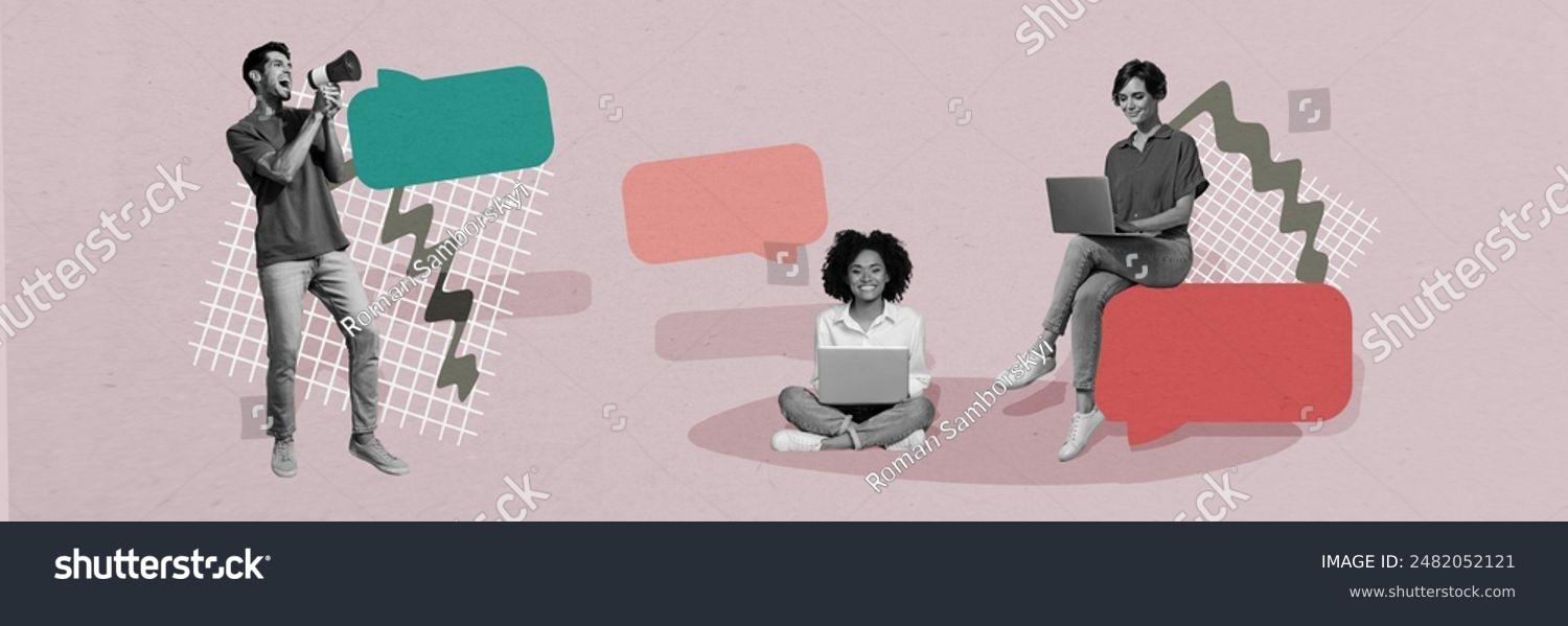 Composite panoramic collage of happy business colleagues office message correspondence type laptop mind isolated on painted background