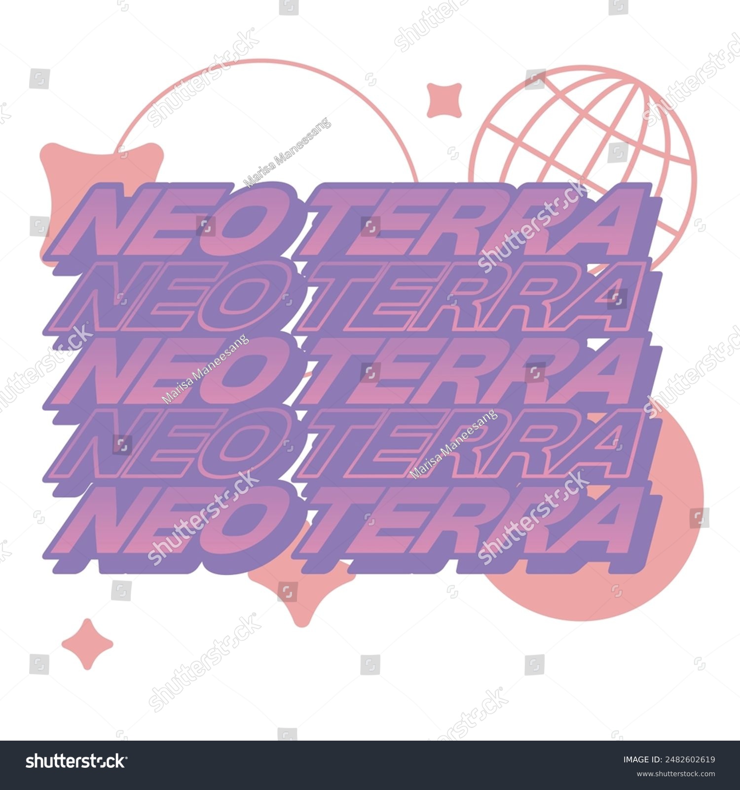 Stacked Typography of "Neo Terra" with Abstract Futuristic Shapes Beneath  Muted Pink and Purple Color Y2K Flat Style