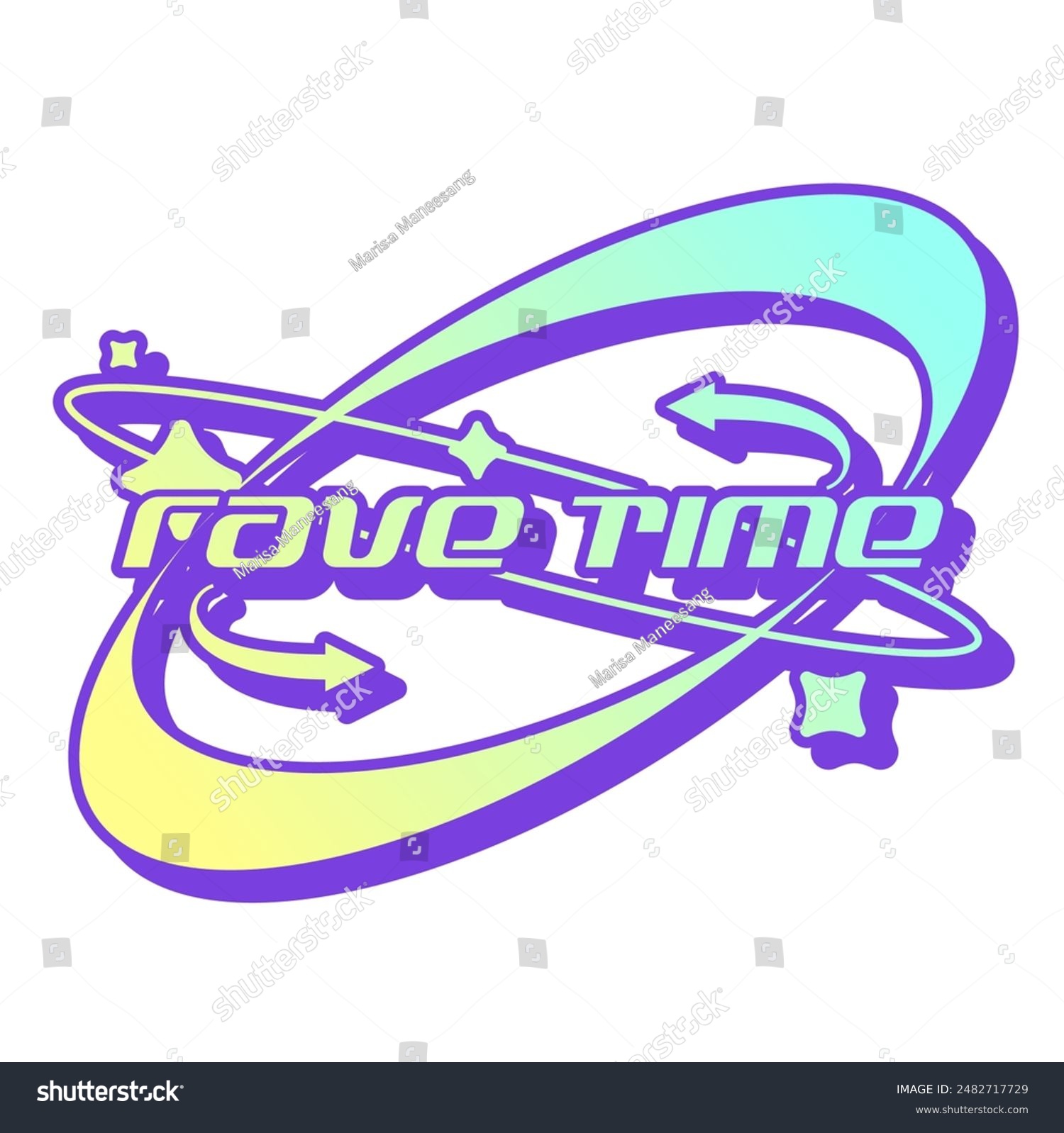 Y2K Rave Style Typography with Decoration Space Orbit  Cyan and Yellow Gradient on Blue Outline