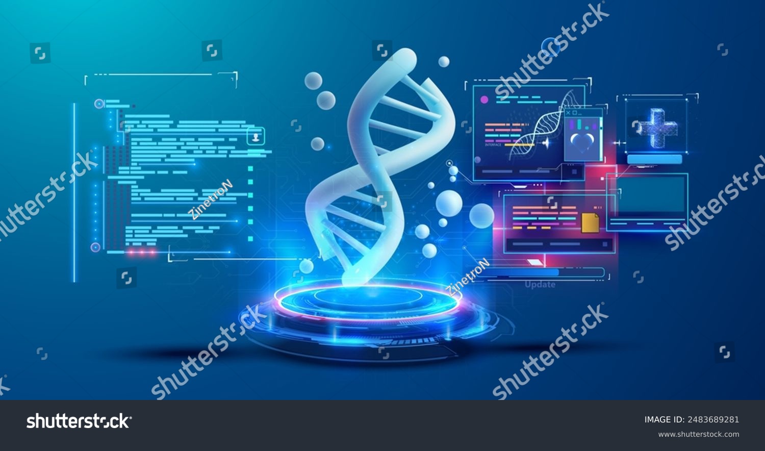 Digital illustration showcases a glowing DNA strand surrounded by ...