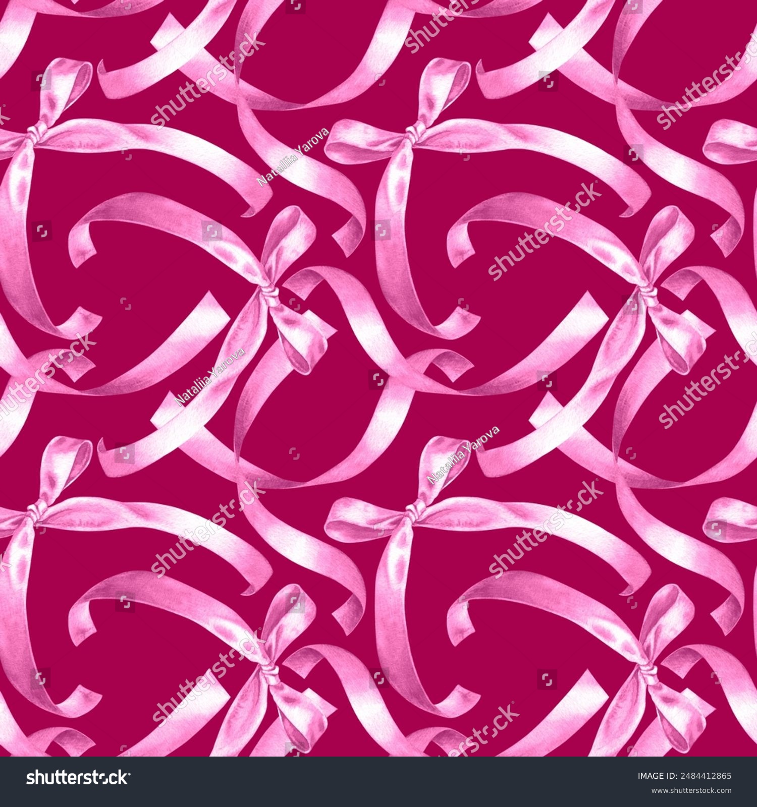 Seamless pattern of watercolor pink gift bow  silk ribbon. Hand drawn illustration bowtie. Painted bowknot elements on pink background. For print decoration  fabric  wrapping  wallpaper  card 