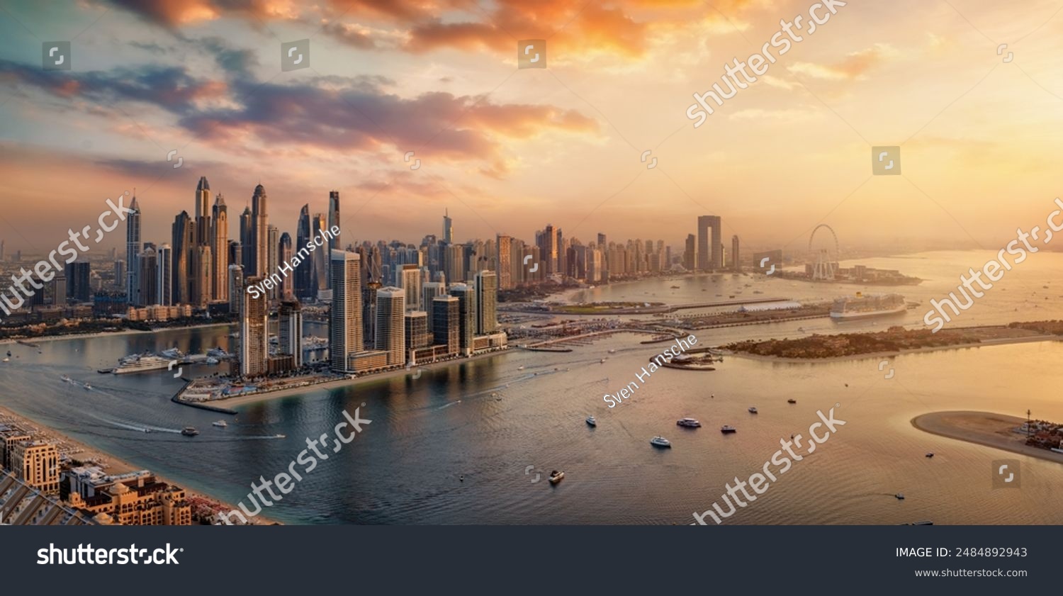 Beautiful golden sunset view of the modern skyline at Dubai Marina skyline United Arab Emirates