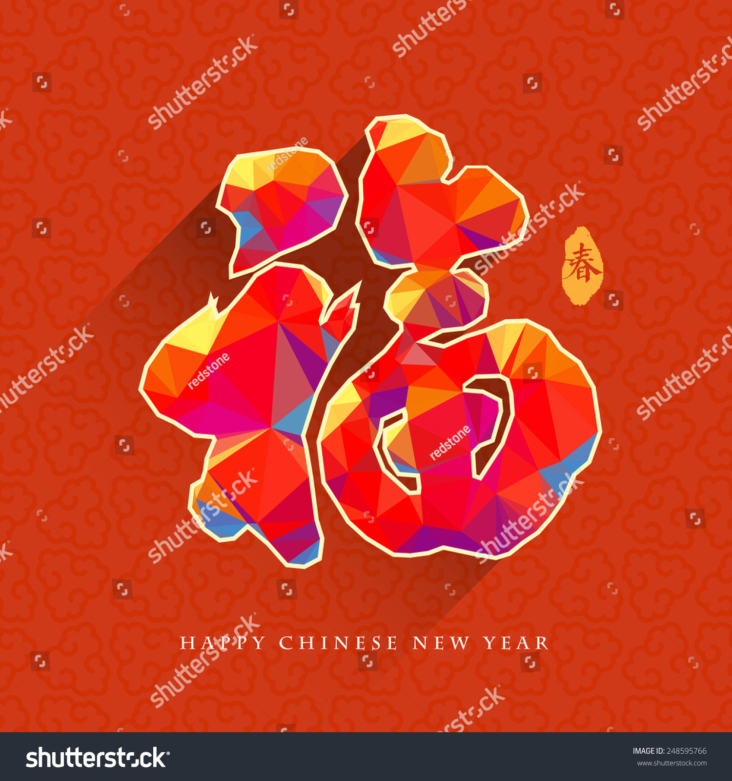 Chinese New Year traditional auspicious symbols  greeting card design  with low poly style. Chinese characters meaning: spring and fortune