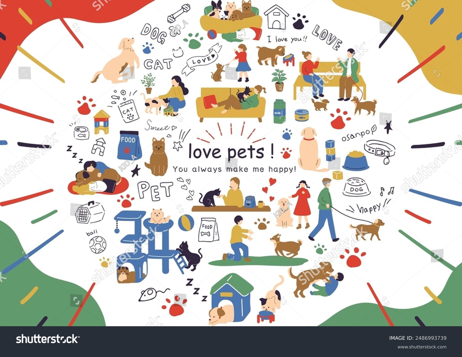 set illustration of people living with pets