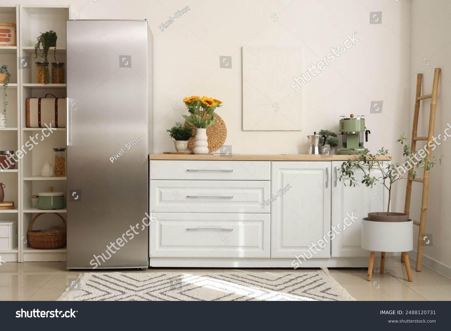 Interior of kitchen with modern fridge and white counter_站酷海洛_正版图片_视频 ...