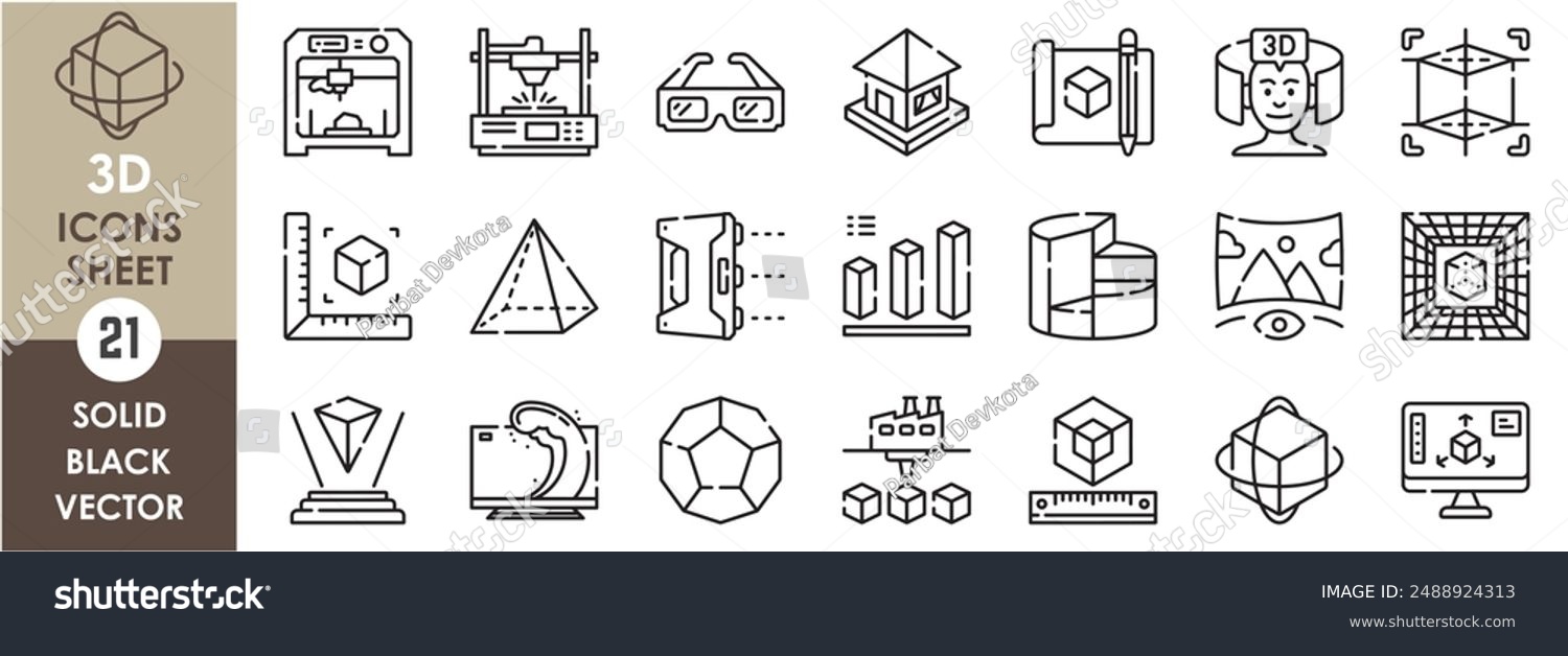 A set of line icons related to 3D. 3D  printing  scripting  house  scanning  geometry  statistics  television  goggles  pyramid  render  and so on. Vector outline icons set.