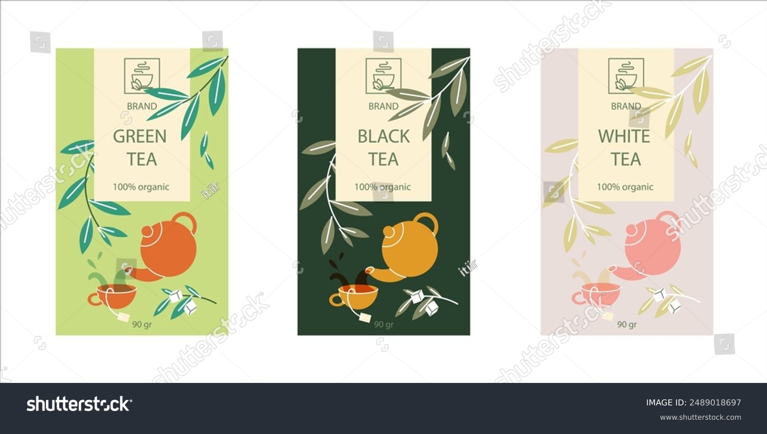 Vector set of design elements for tea packaging white black and green