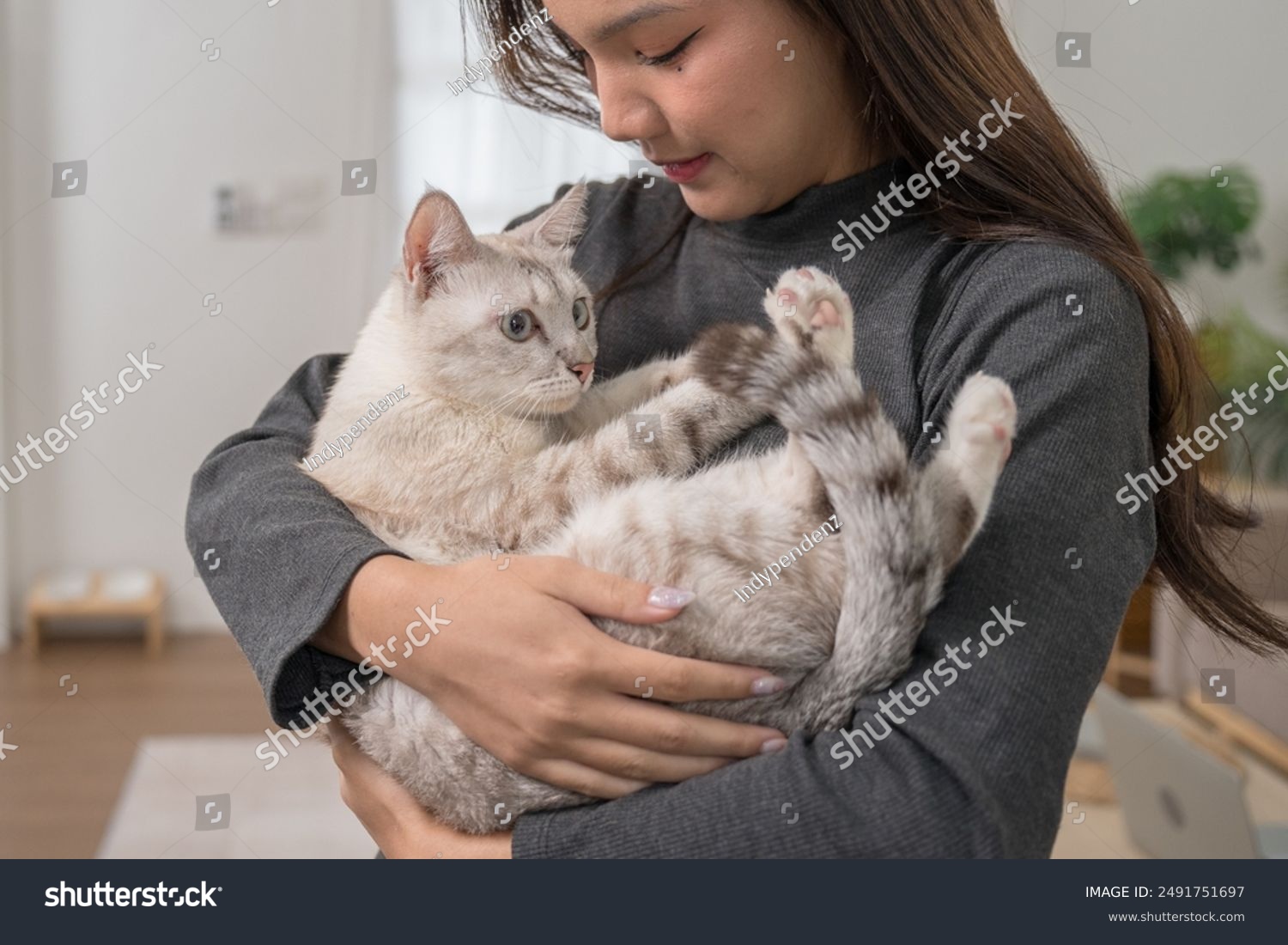 A woman reclining on a couch with her white cat resting on her legs. The setting is relaxed and comfortable