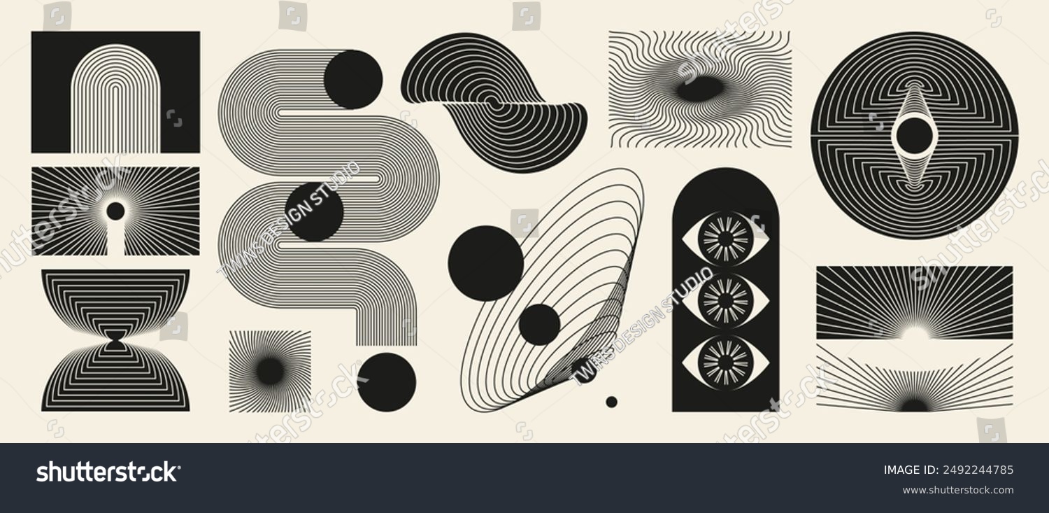 Hand drawn abstract minimal element mid century vector set. Aesthetic contemporary stripe line art  geometric shape in monochrome. Art form design for wall art  decoration  wallpaper.