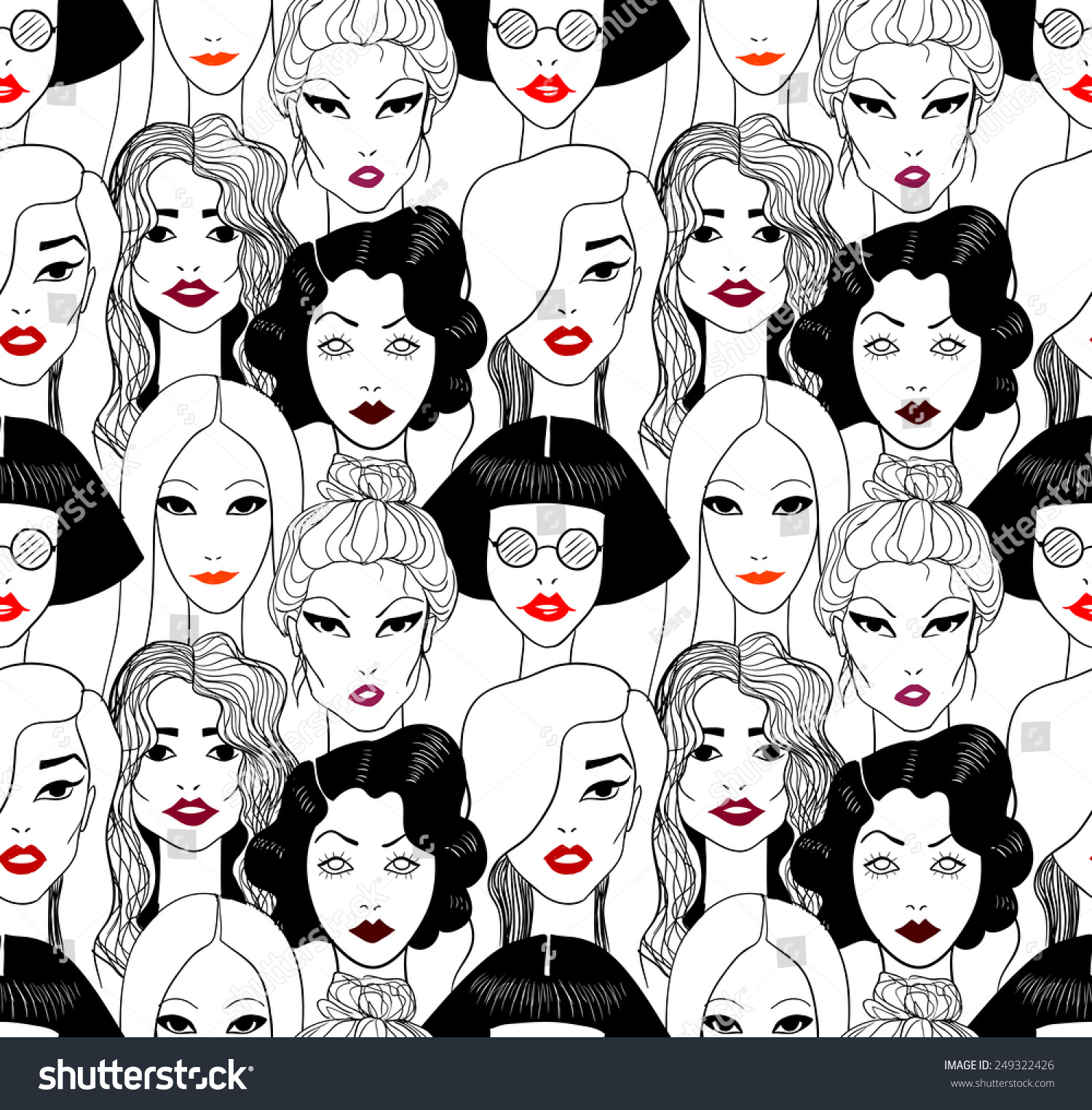 Crowd of women with red lips seamless pattern.