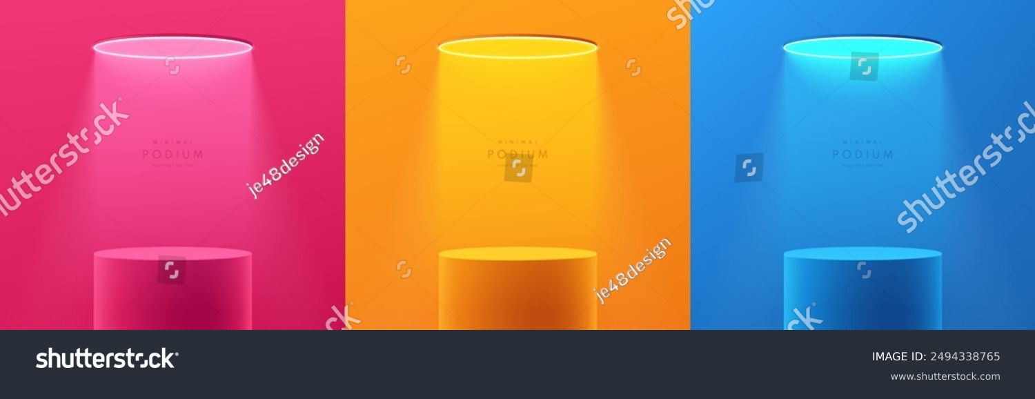 Set of 3D cylindrical podium background in green  blue and orange color with glowing ceiling neon light. Minimalist mockup pedestal  Abstract product display presentation. Vector platforms design.