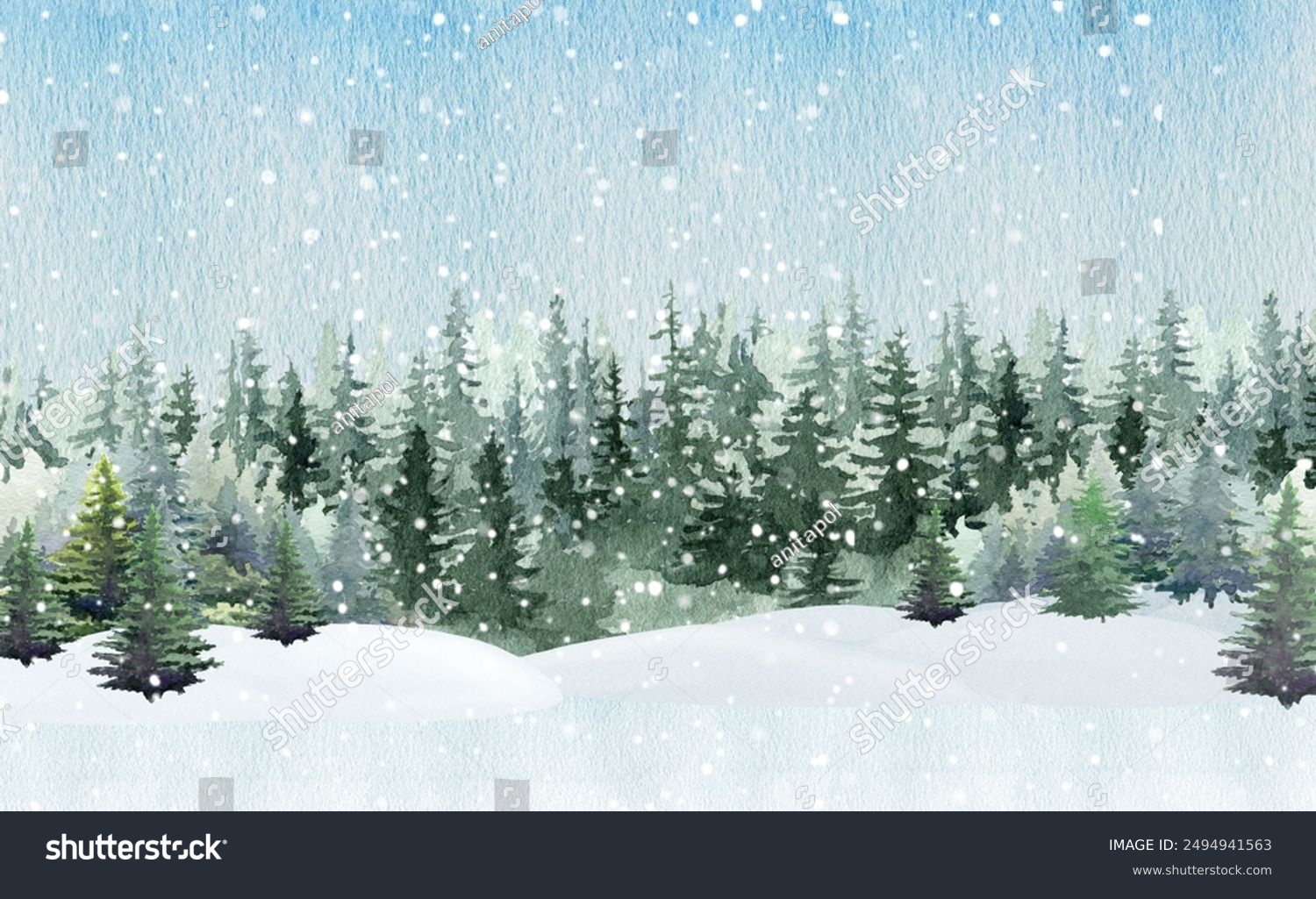 Winter season pine forest during snowfall. Vintage style painted illustration. Winter season countryside landscape scene with pine trees  Christmas tree covered with snow  snowdrifts  snowflakes