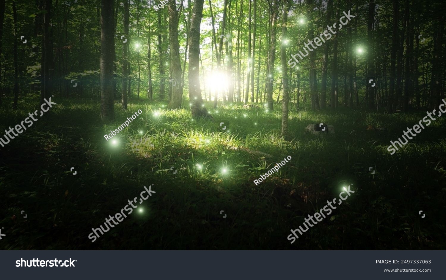 Magical sunny divine dark green forest trees with glowing fireflies.	
