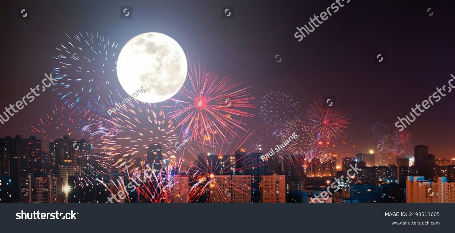 Mid-Autumn Festival Concept: Fireworks celebration with super moon in the city