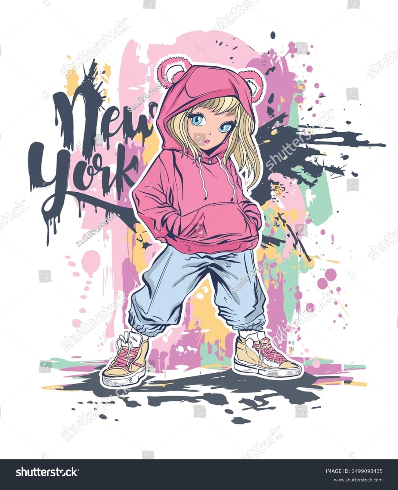 Street art manga girl  illustration.Cool anime girl vector character.Japanese style  Cute manga girl drawing.Korean vector girl child.New York graffiti art and the rebellious youth.T shirt graphics.