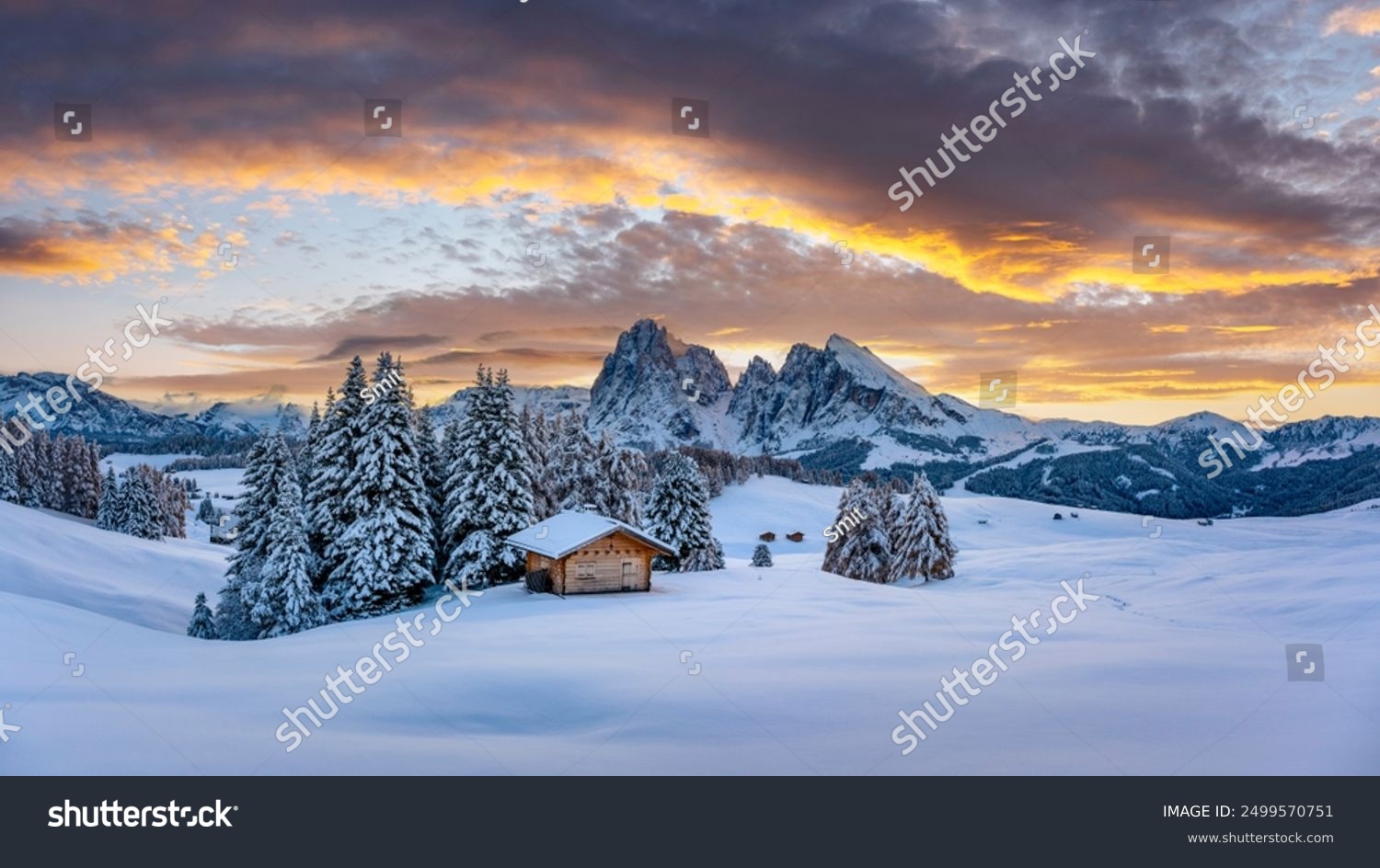 Panoramic view on Alpe di Siusi meadow with cozy wooden log cabins and sunset sky. Snowy hills with orange larch and first snow in winter season. Seiser Alm  Dolomites  Italy. Landscape photography