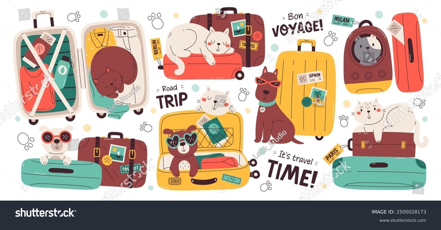 Pet travel set with cute dog and funny cat suitcase prepared for summer vacation time and trip adventure. Comic cartoon domestic animals and stuff inside luggage case container vector illustration