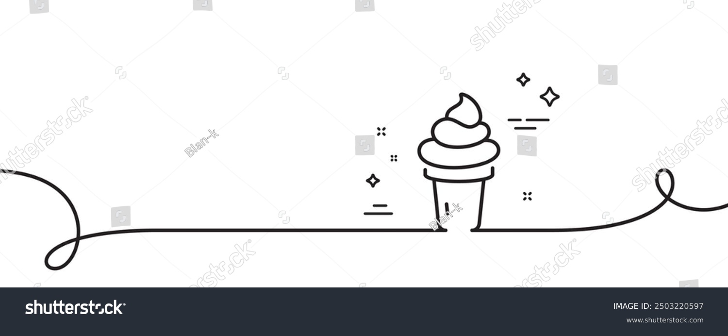 Ice cream cone line icon. Continuous one line with curl. Vanilla sundae waffle cone sign. Frozen summer dessert symbol. Ice cream single outline ribbon. Loop curve pattern. Vector