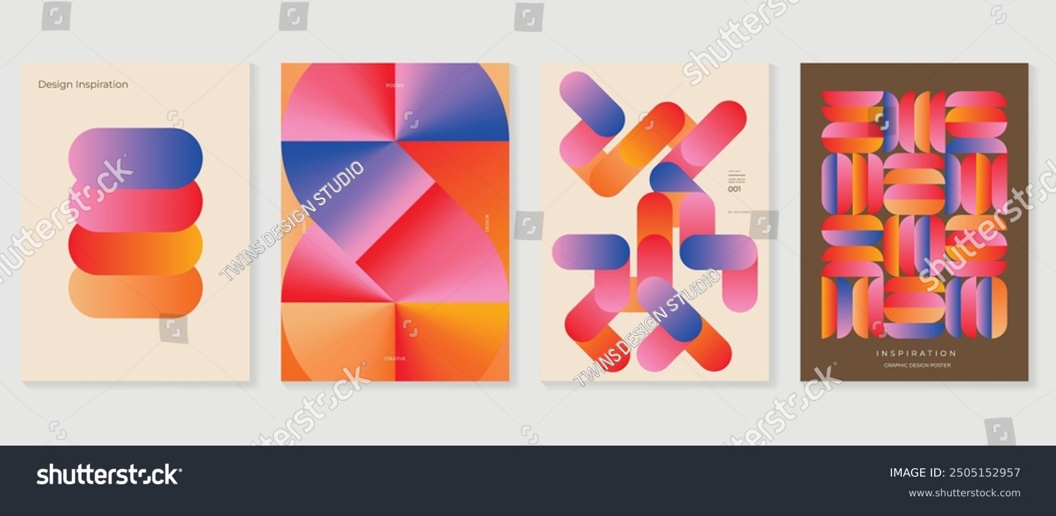 Collection of 70s color gradient poster background vector. Set of retro wall decoration  groovy  trippy  geometric shape. Vintage hippie wall art for interior  decorative  banner  cover  card.