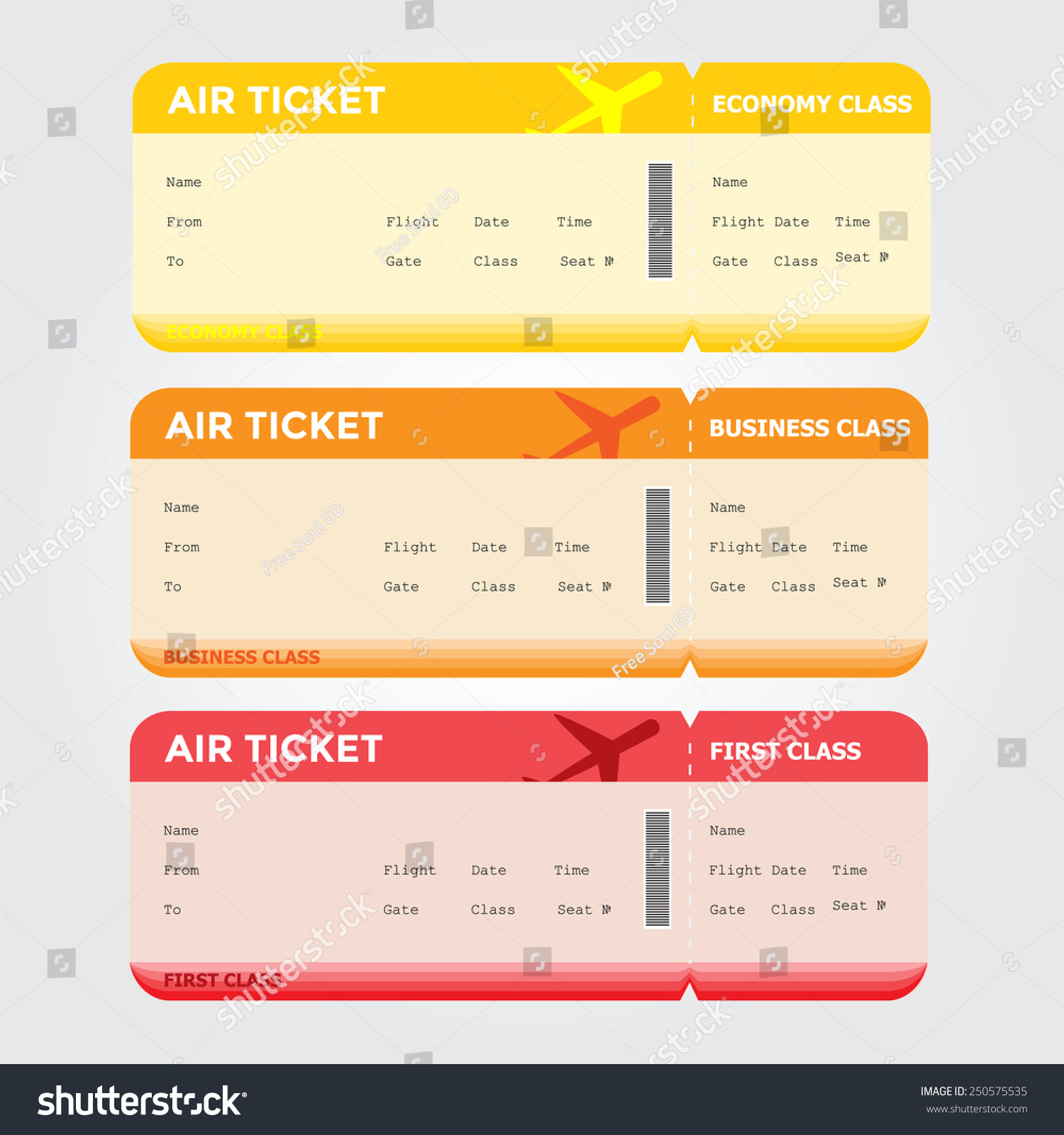 Three classes of blank flight boarding pass vector illustrations.