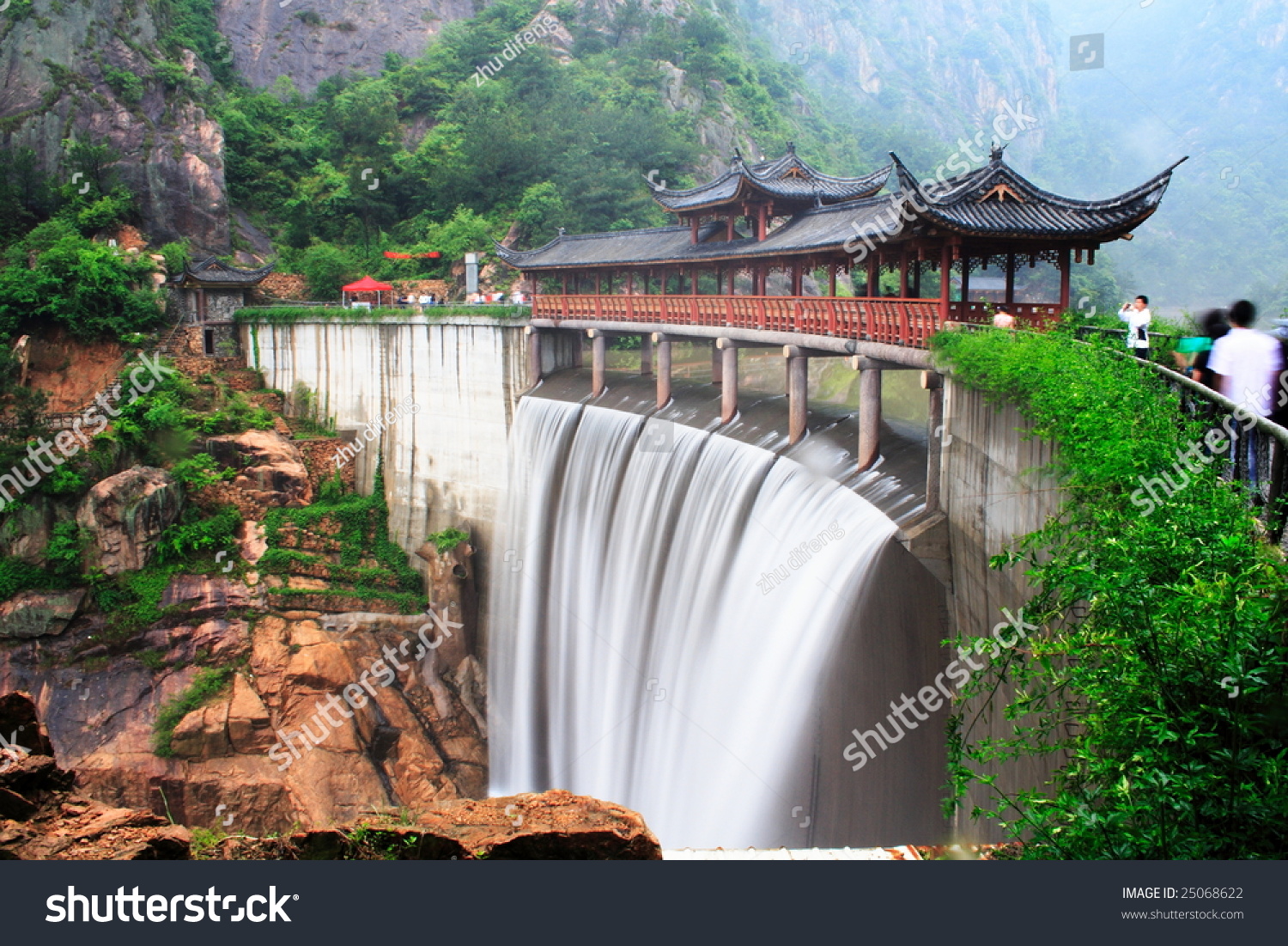 chinese temple with waterfall in Taizhou zhejiang China