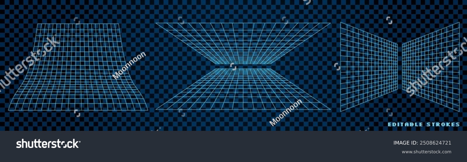 Abstract 3D grid shapes with wireframe mesh designs on a dark background  with futuristic and geometric perspective Y2K elements. This techno style graphic integrates cyber geometry.