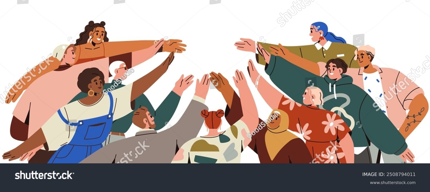 Team  community hands reaching together for support and unity. Diverse multicultural group  people society bonding in solidarity and cooperation. Flat vector illustration isolated on white background