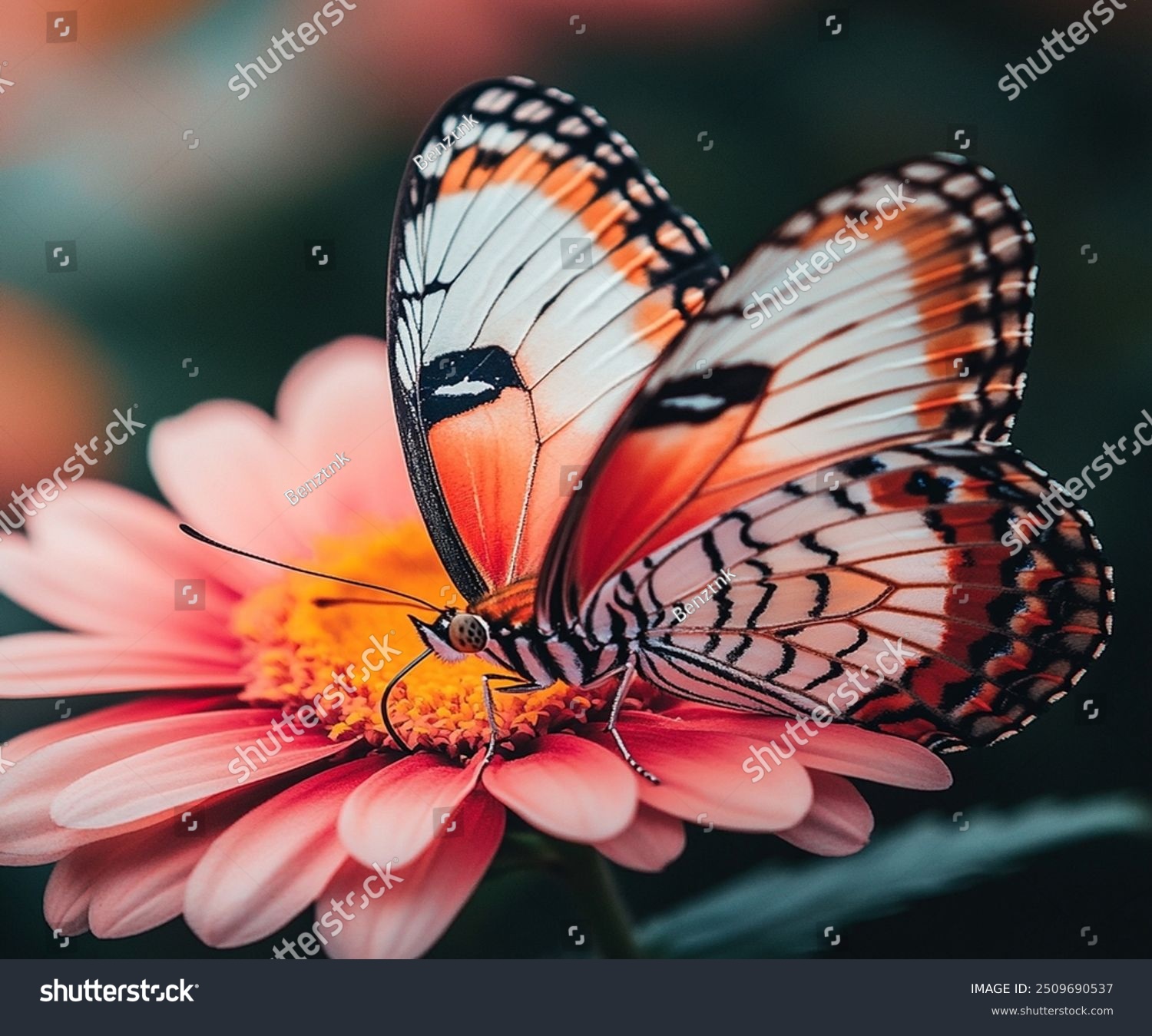 A stunning close-up photograph capturing the delicate beauty of a butterfly resting on a vibrant flower. The intricate patterns on the butterfly's wings are showcased in vivid detail